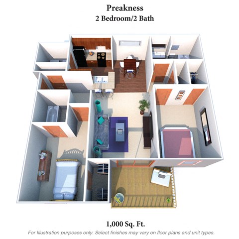 Floor plan for 2 beds, 2 baths, 1000 sqft